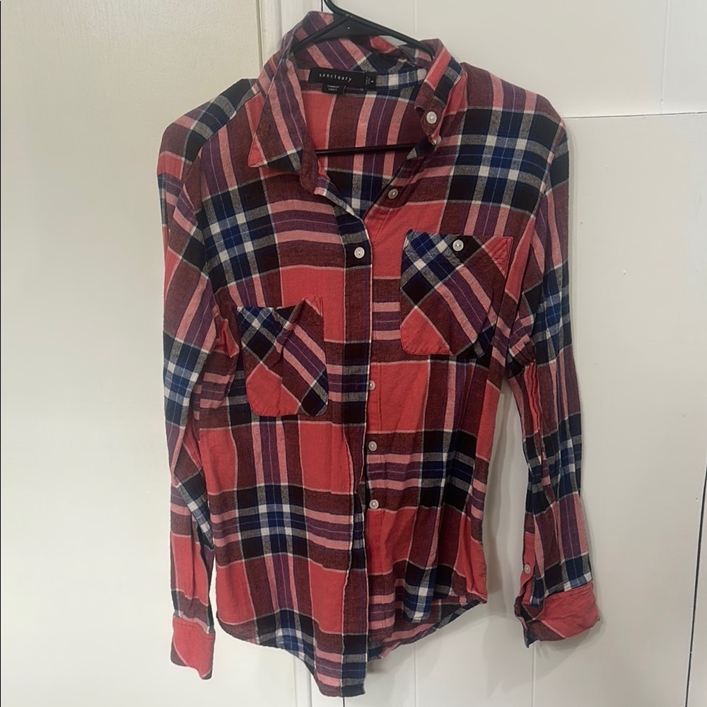 Pink and Blue Plaid Button-Up Shirt